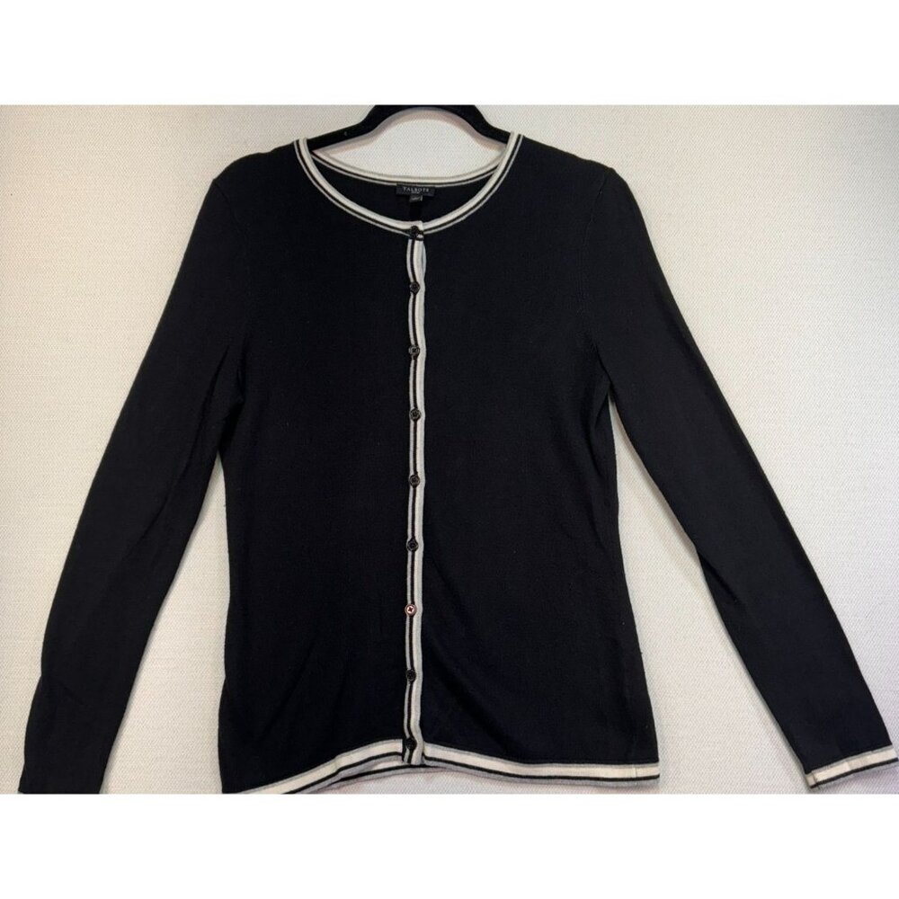 Talbots Womens Cardigan Sweater Petite Black White Trim Button Front